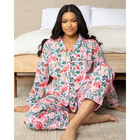Print Fresh Organic Cotton Flamingo Floral Pink 2 Piece Pajama Set S Lounge - Picture 11 of 11